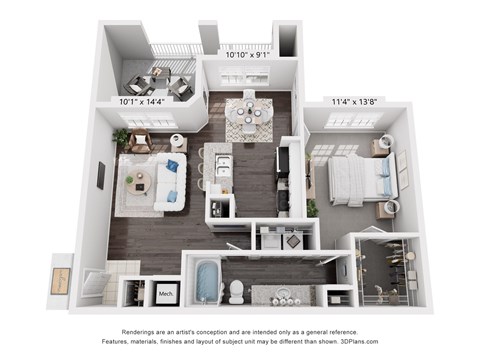 A floor plan of a two-bedroom apartment with a living room, kitchen, and bathroom.